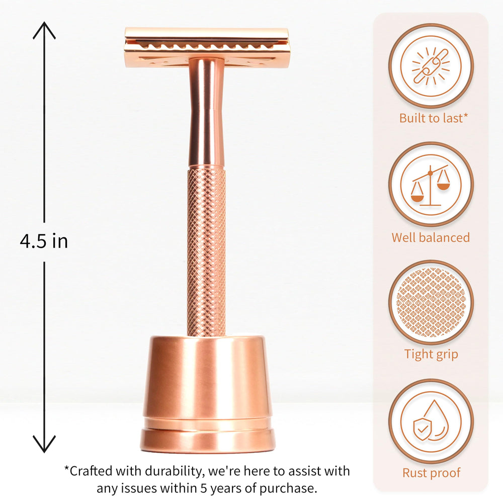 Bambaw razor on stand in bathroom lifestyle scene promoting tidy storage
