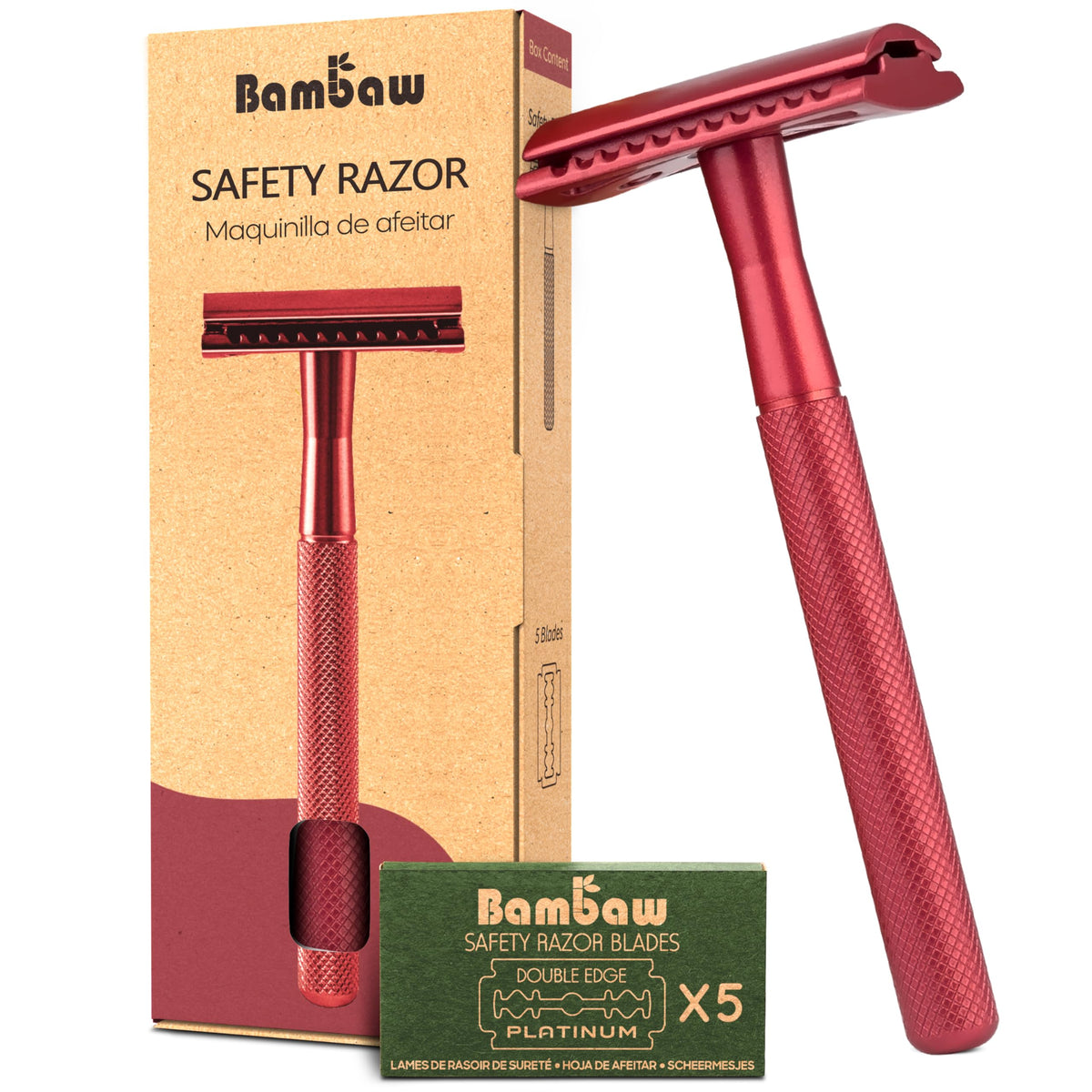 Bambaw red razor front view showing durable metal design and precise balance