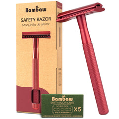 Bambaw red razor front view showing durable metal design and precise balance