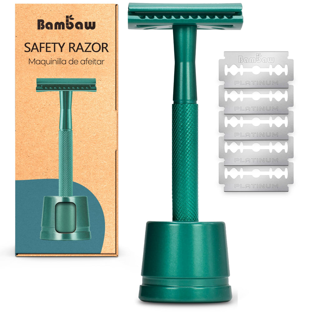 Bambaw sea green razor front view showing sleek metal design and eco benefit