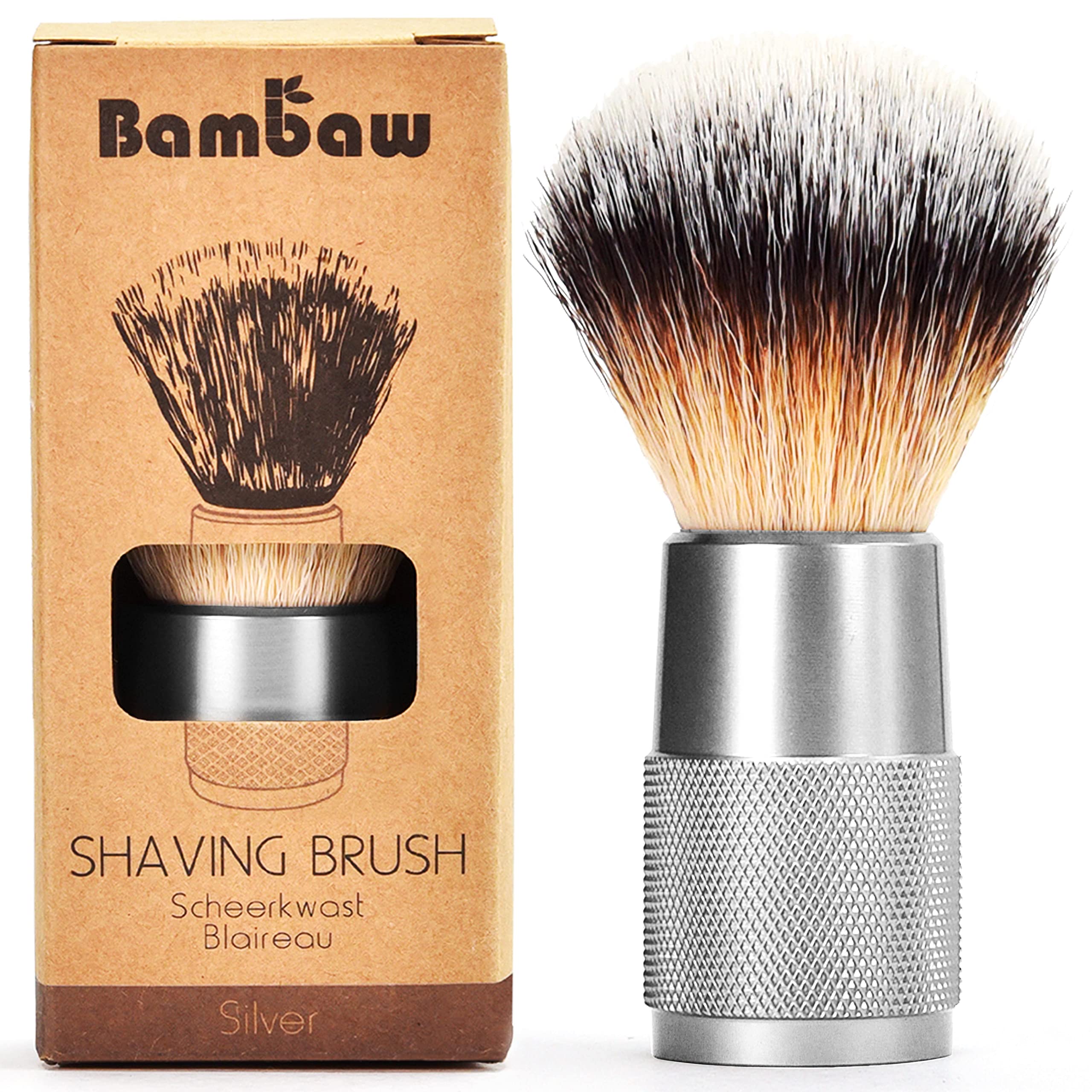 Bambaw shaving brush front view showing aluminum handle and sleek design for durability