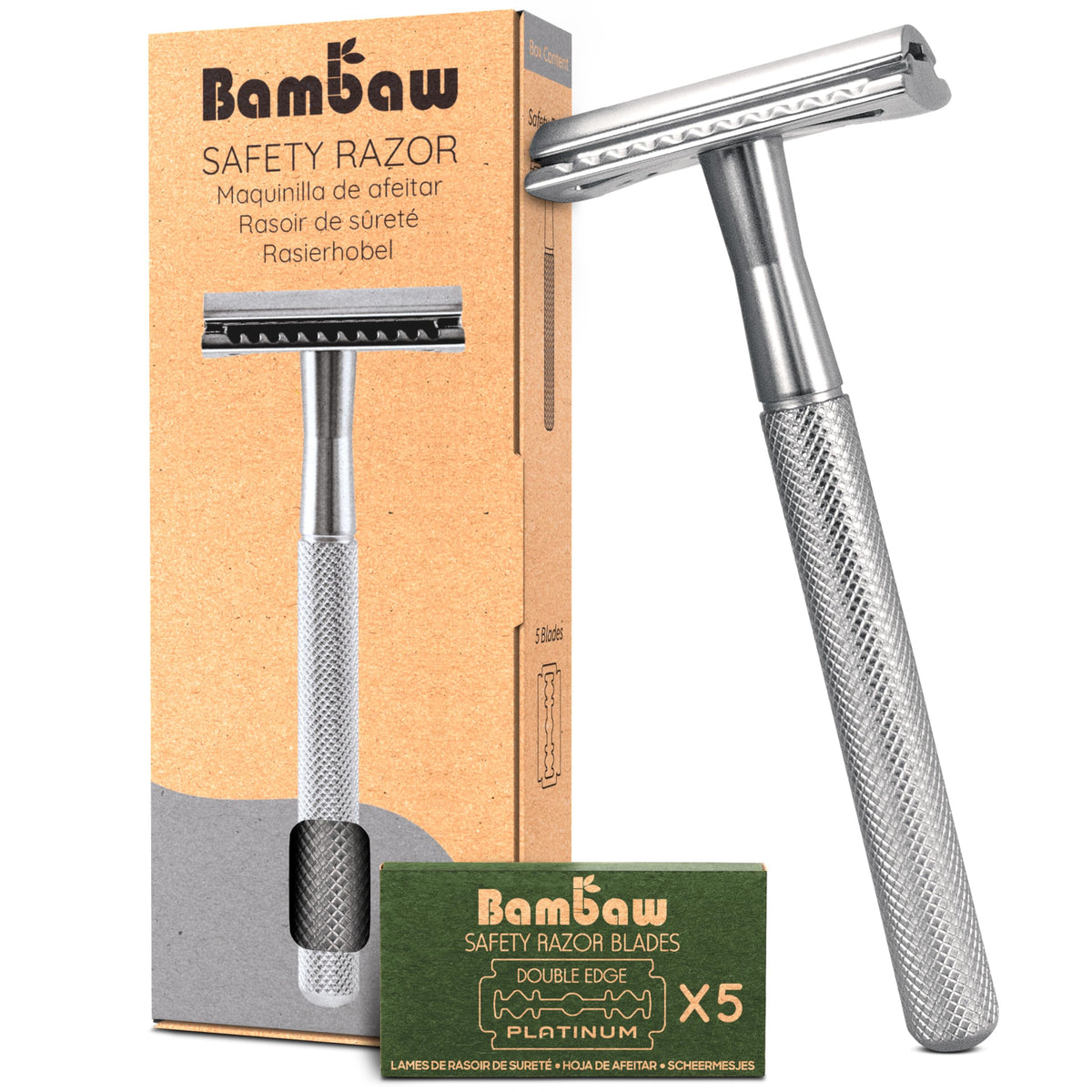 Bambaw silver razor front view showing metal finish and durable construction benefit
