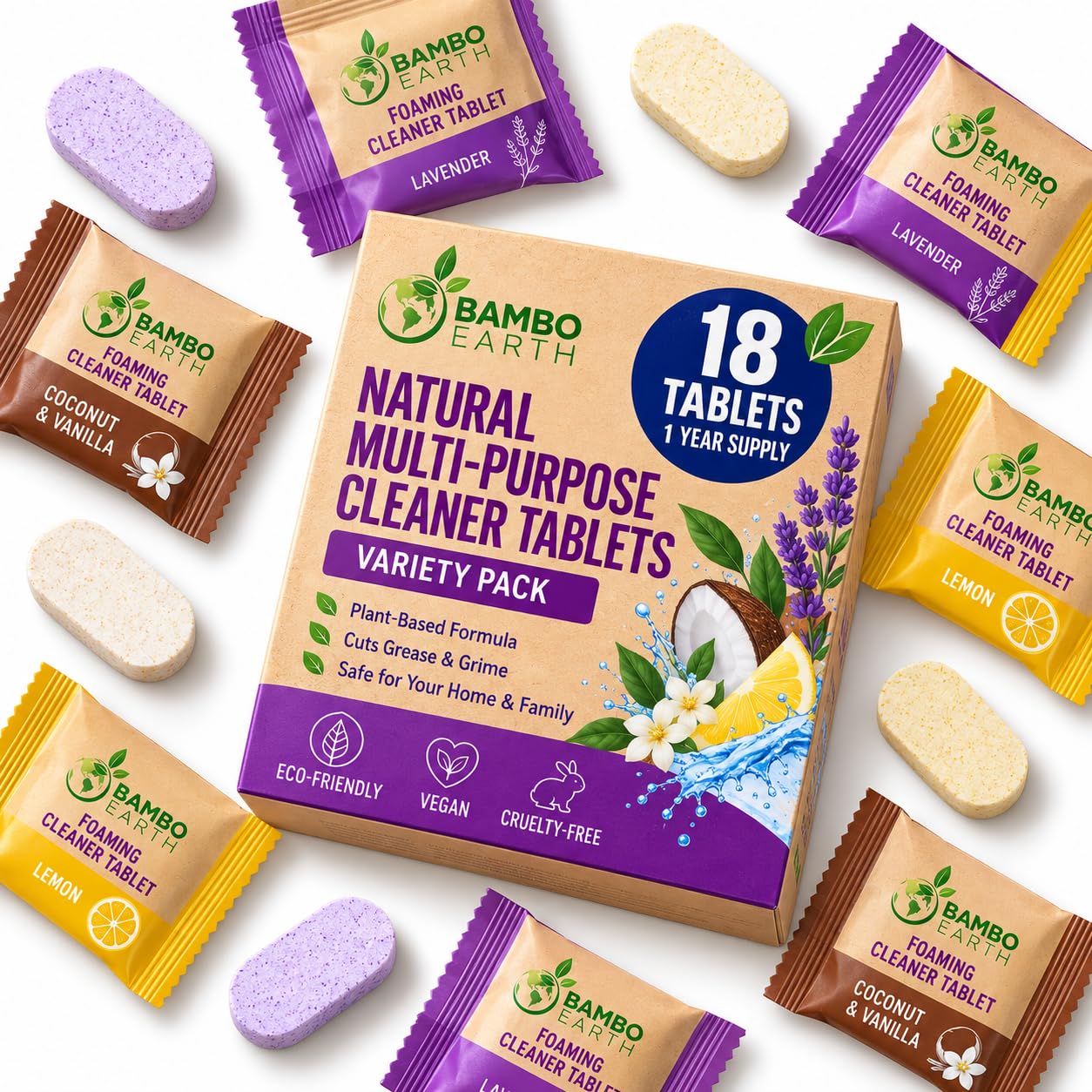 BAMBOEARTH front packaging showing 18 tablets and eco benefits