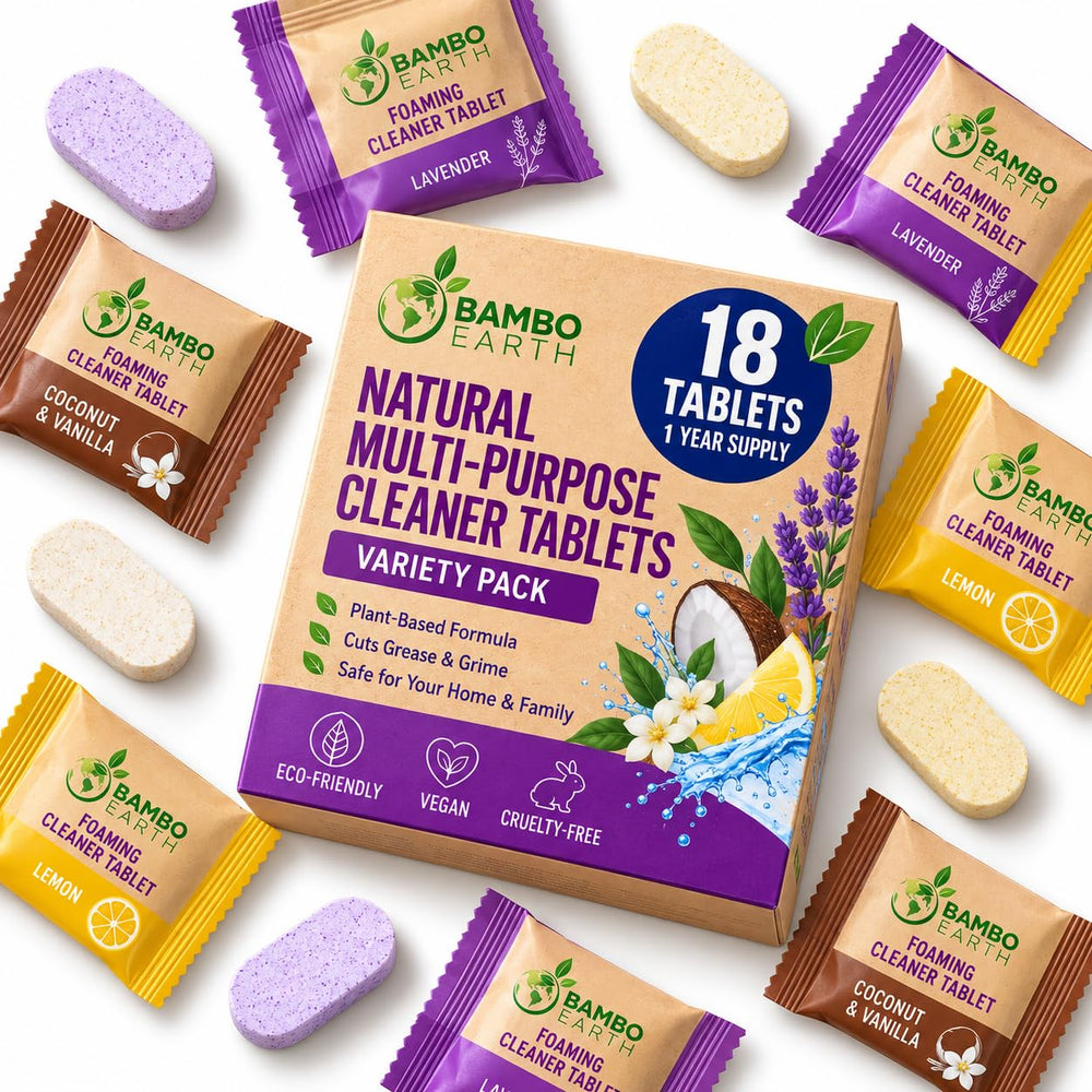 BAMBOEARTH front packaging showing 18 tablets and eco benefits