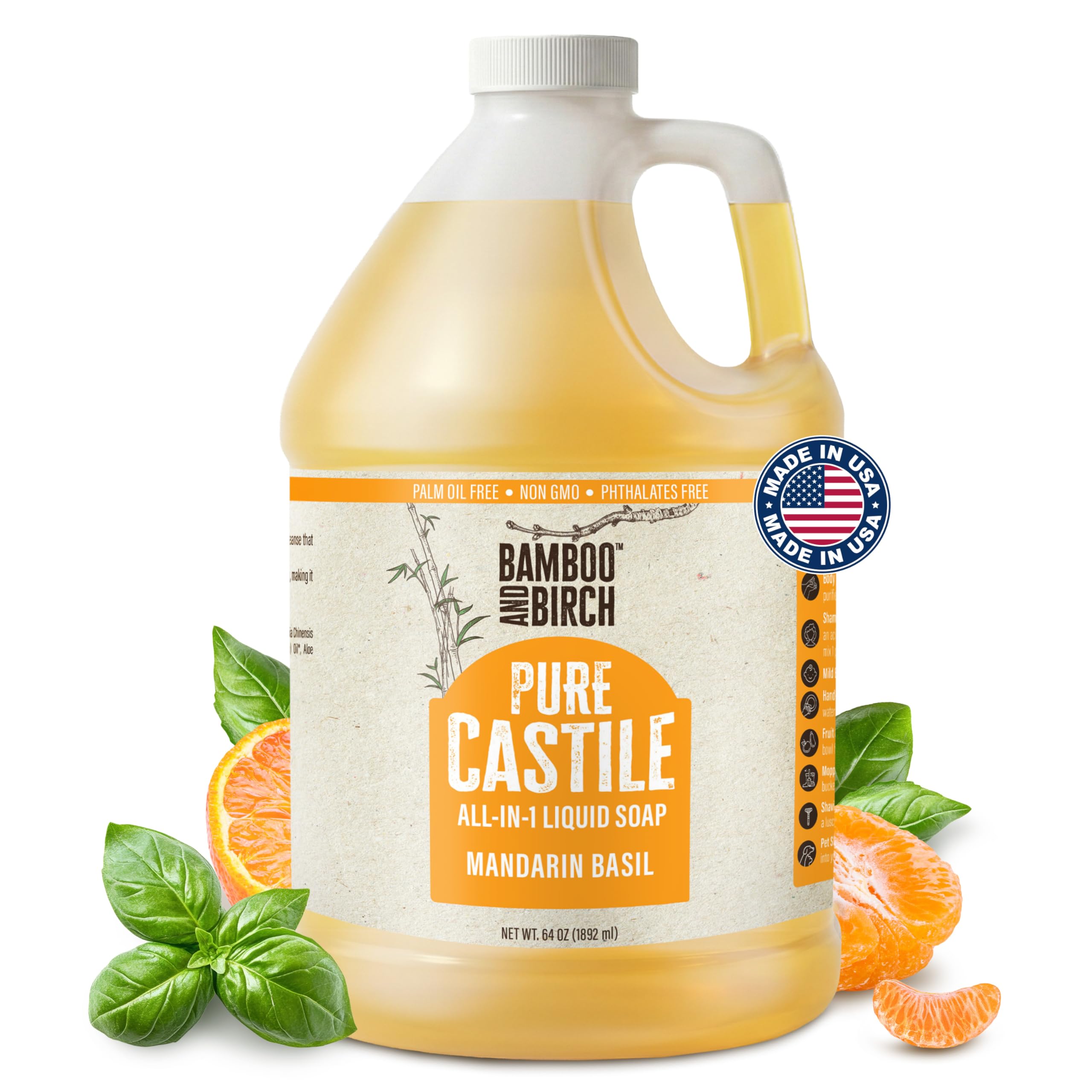 BAMBOO AND BIRCH front bottle showing mandarin basil and 64 oz size for value