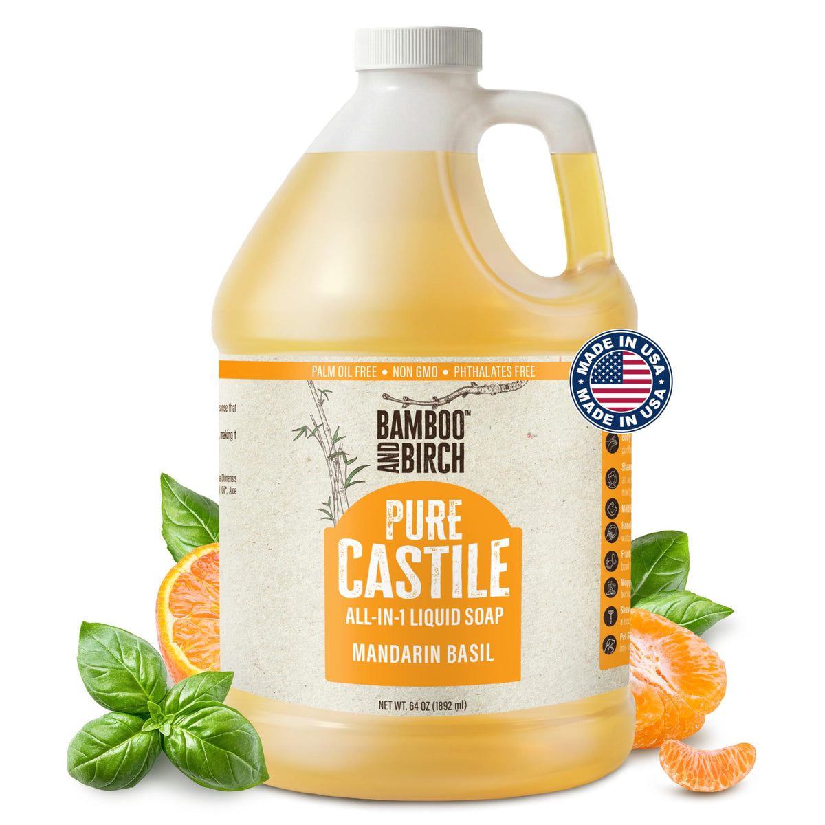 BAMBOO AND BIRCH front bottle showing mandarin basil and 64 oz size for value