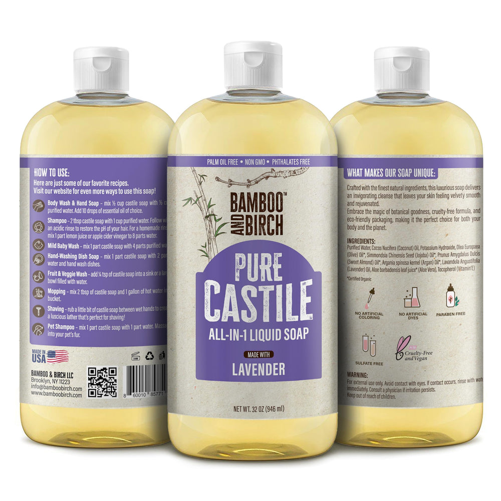 BAMBOO AND BIRCH close-up pump dispensing lavender soap for easy measured use