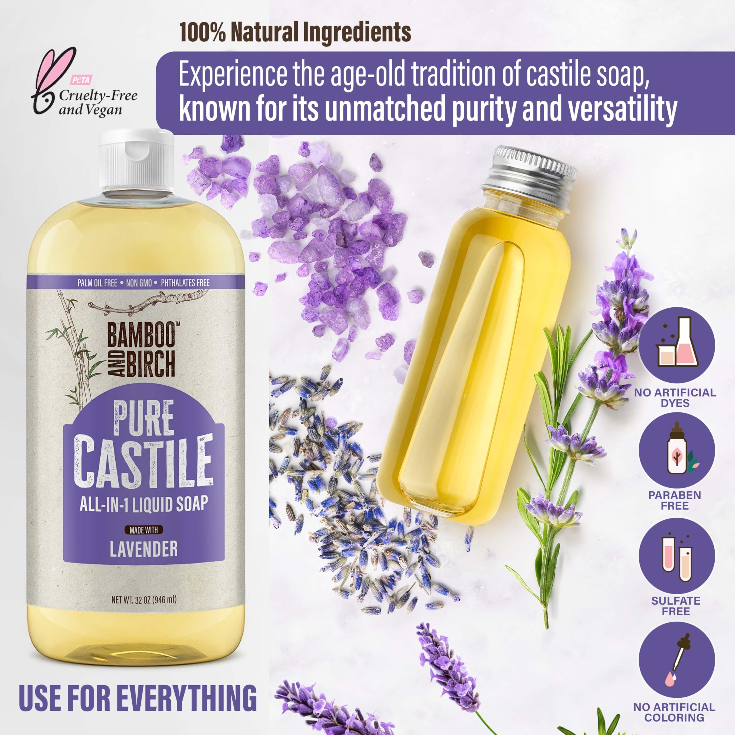BAMBOO AND BIRCH bottle beside everyday items showing 32 oz scale and long-lasting value