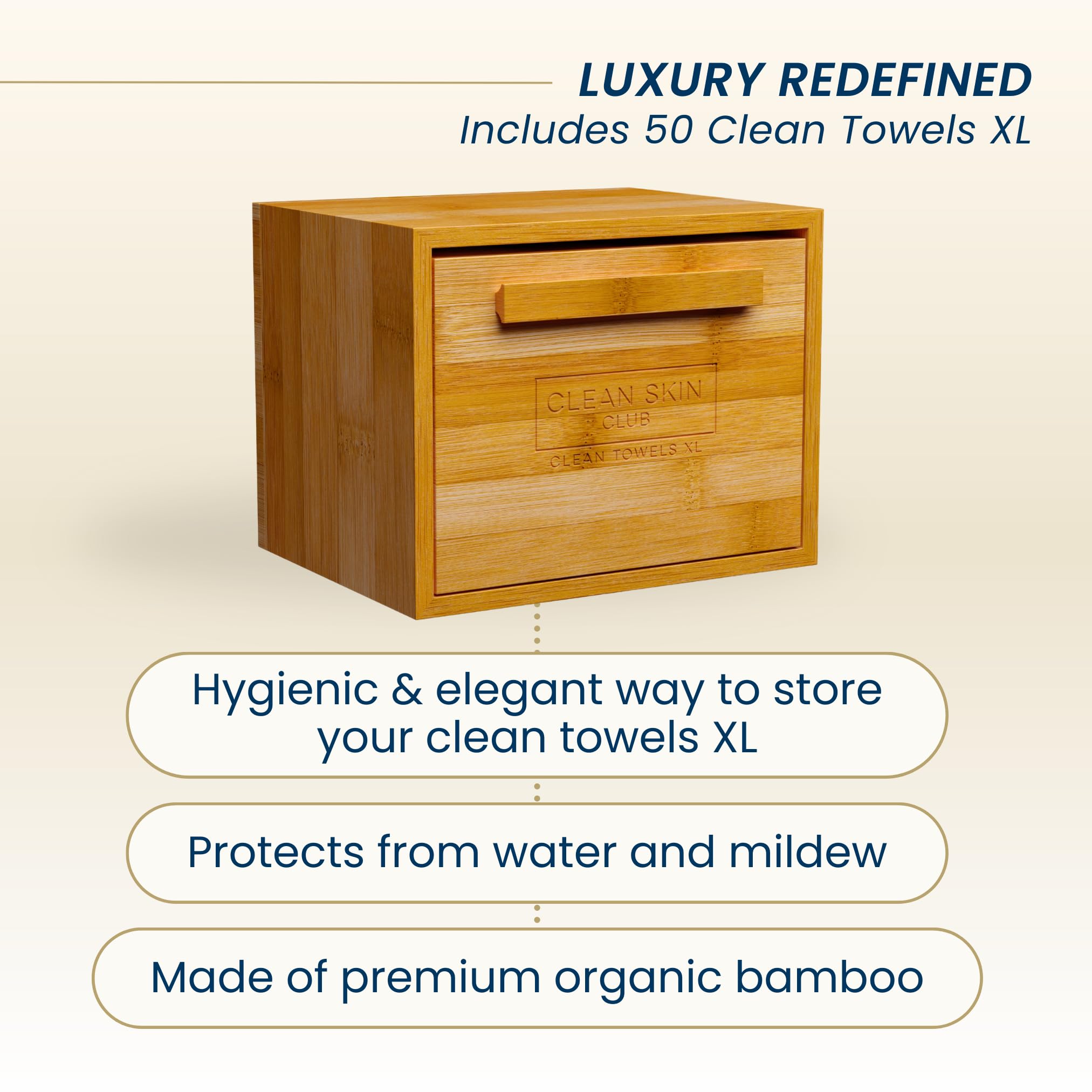 CLEAN SKIN CLUB bamboo container with drawer open for tidy access benefit