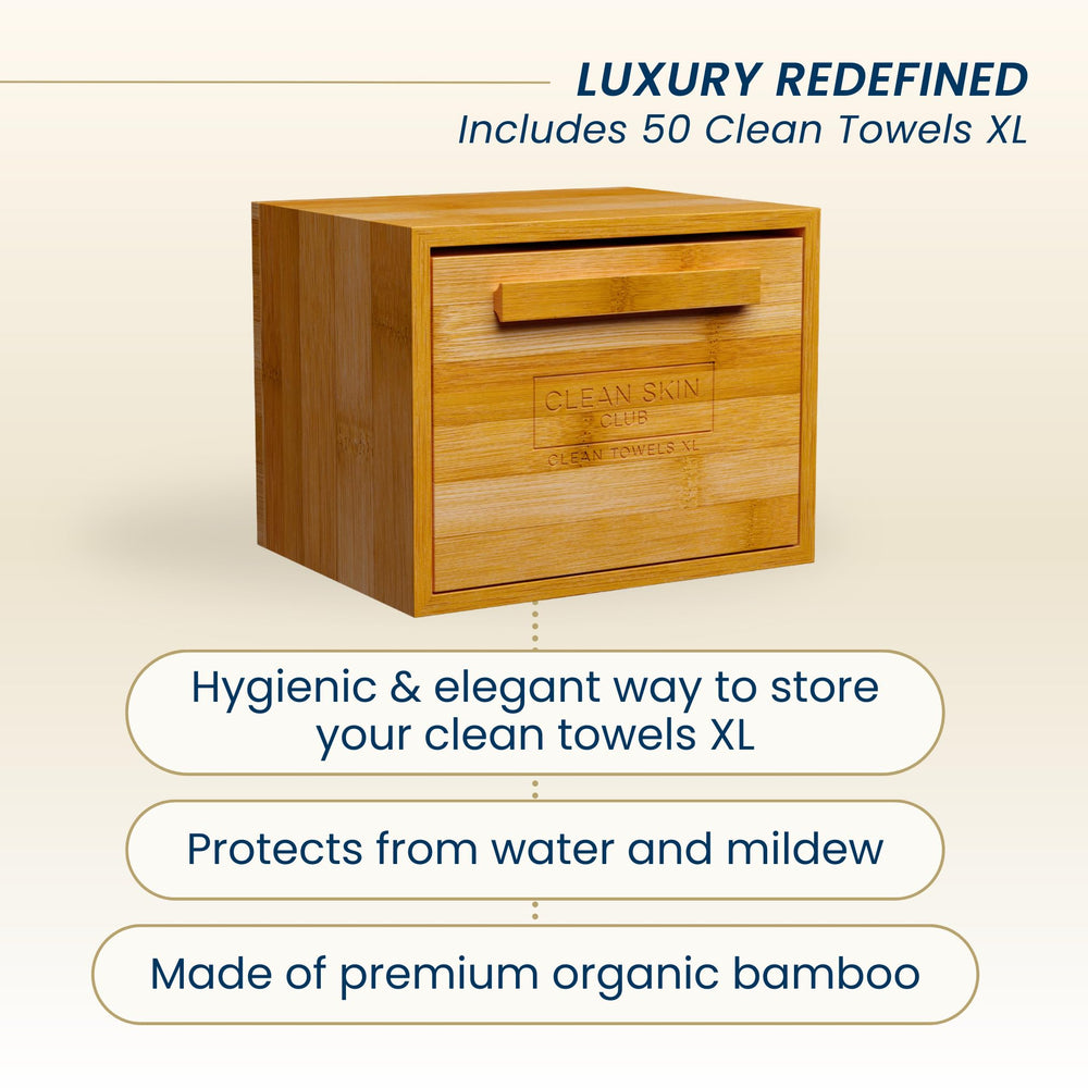 CLEAN SKIN CLUB bamboo container with drawer open for tidy access benefit