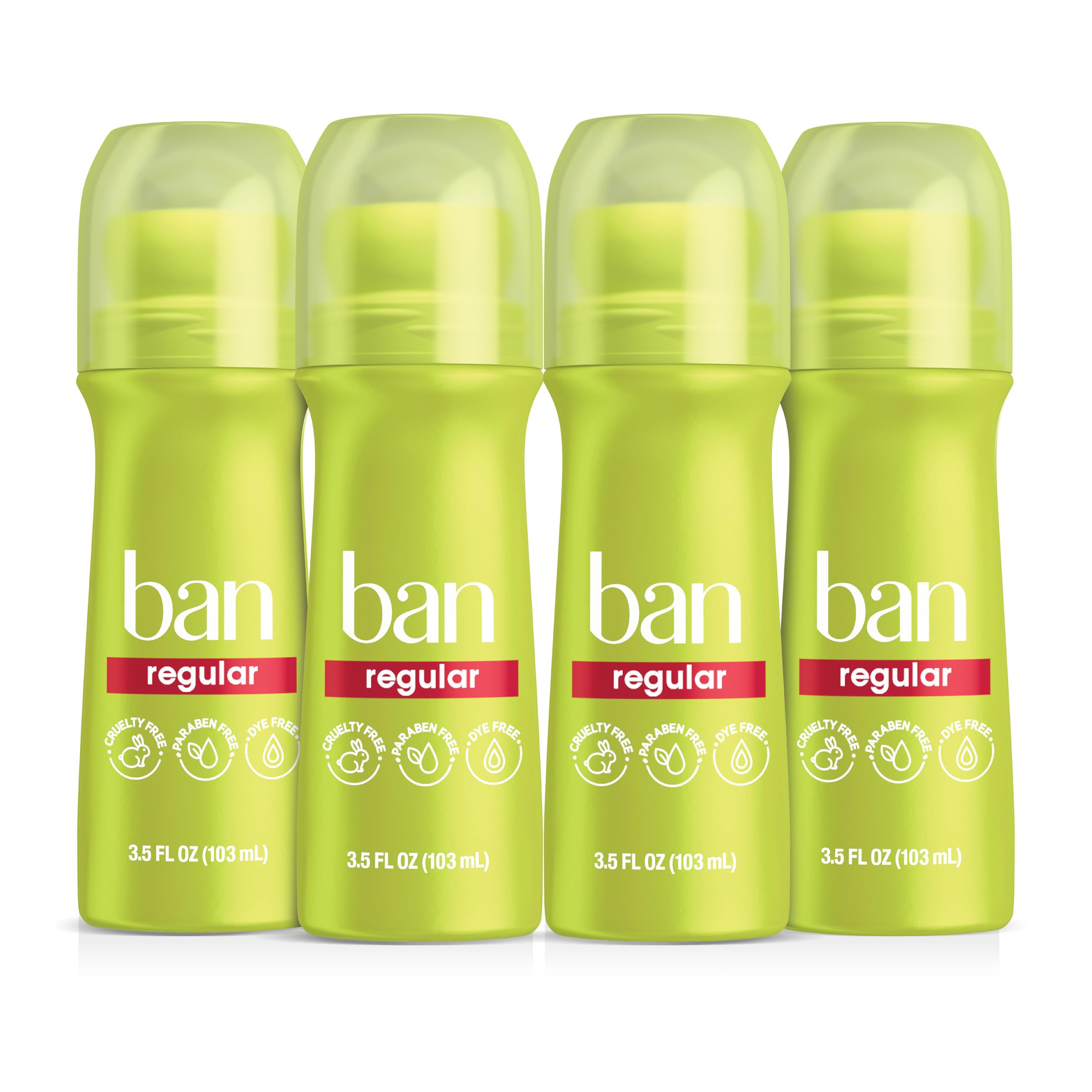 Ban roll-on front packaging showing four 3.5 oz units and benefits