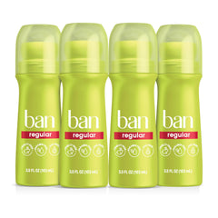Ban roll-on front packaging showing four 3.5 oz units and benefits