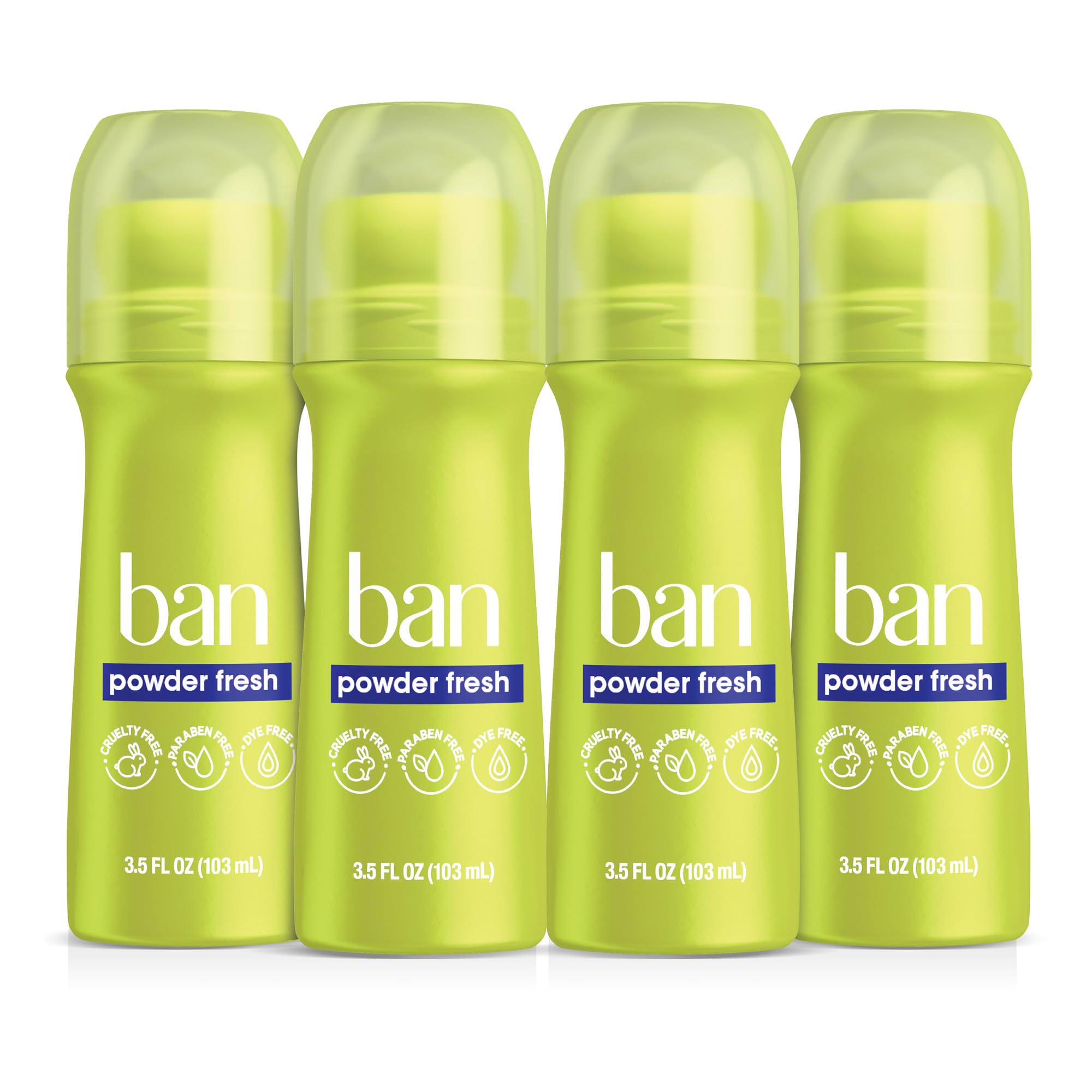 Ban roll-on front view showing clear bottle and Powder Fresh benefit