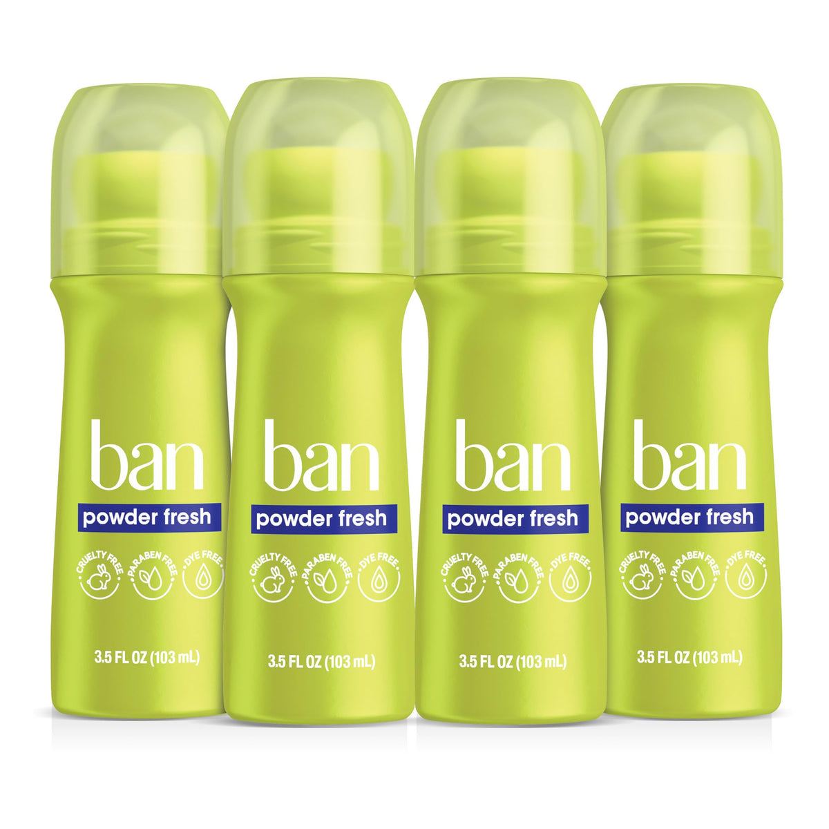 Ban roll-on front view showing clear bottle and Powder Fresh benefit