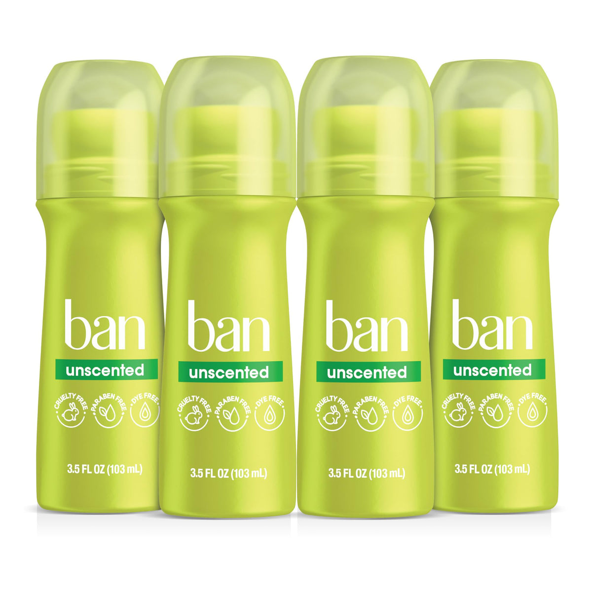 Ban roll-on front view showing bottle and unscented benefit