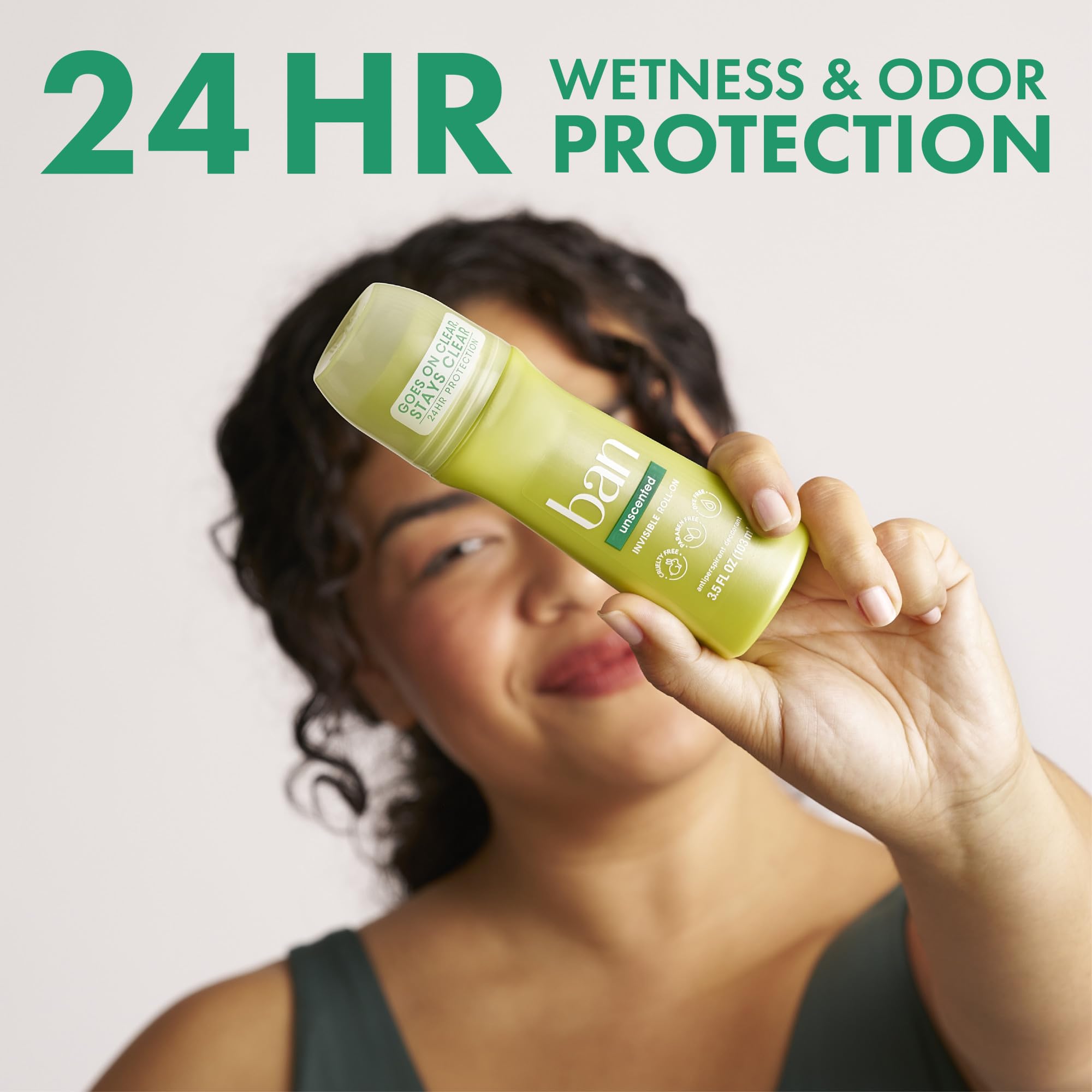 Ban roll-on label detail highlighting unscented and 24-hour protection