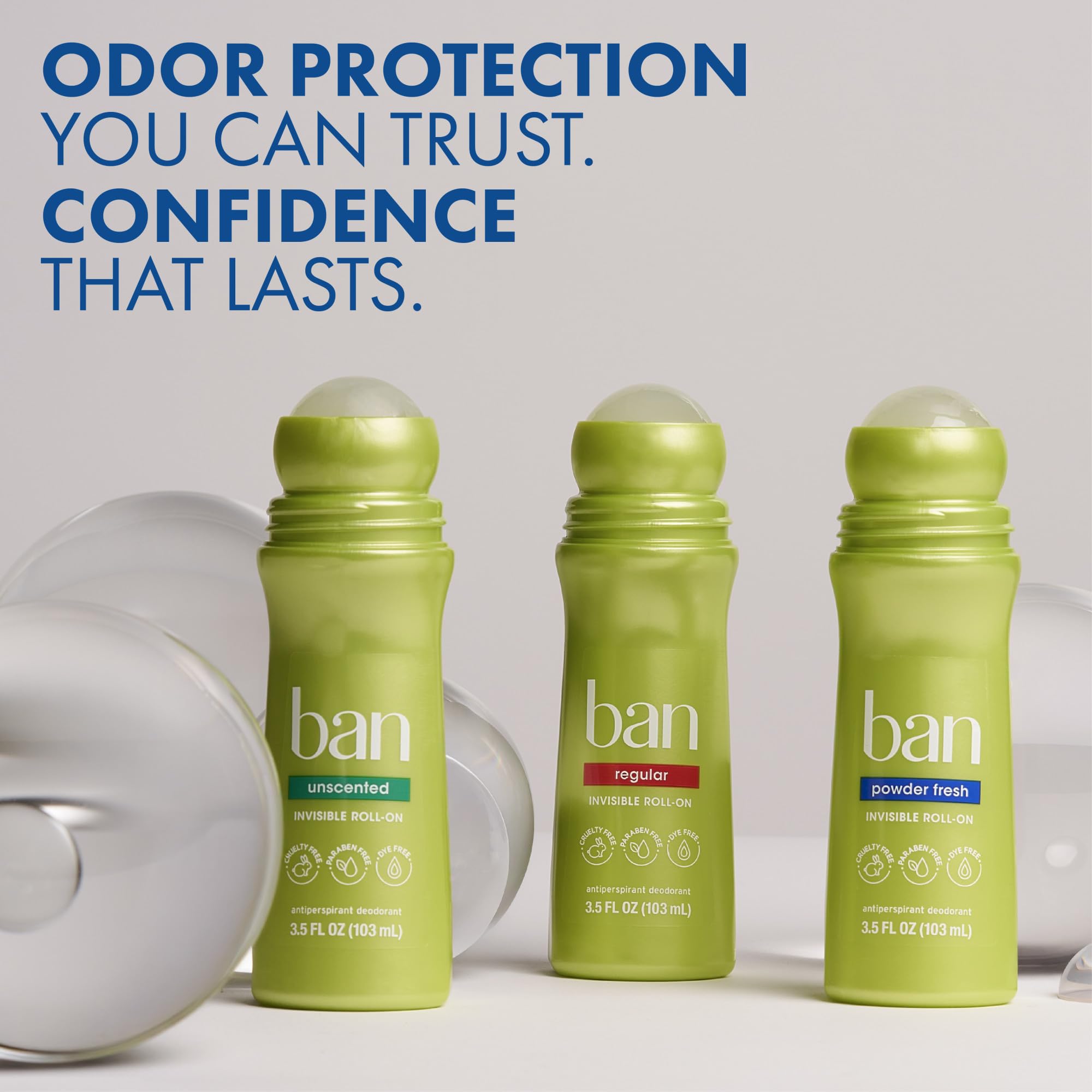 Ban roll-on beside gym bag representing on-the-go freshness benefit