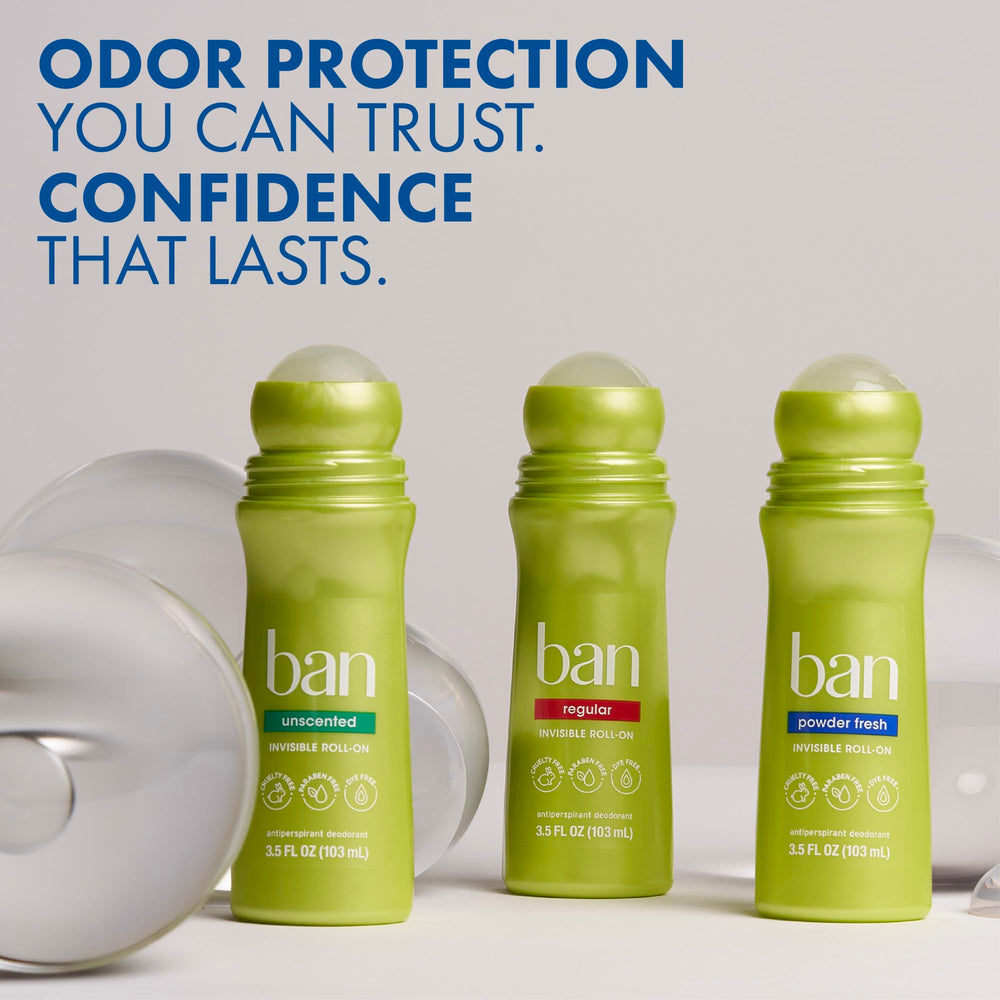 Ban roll-on beside gym bag representing on-the-go freshness benefit