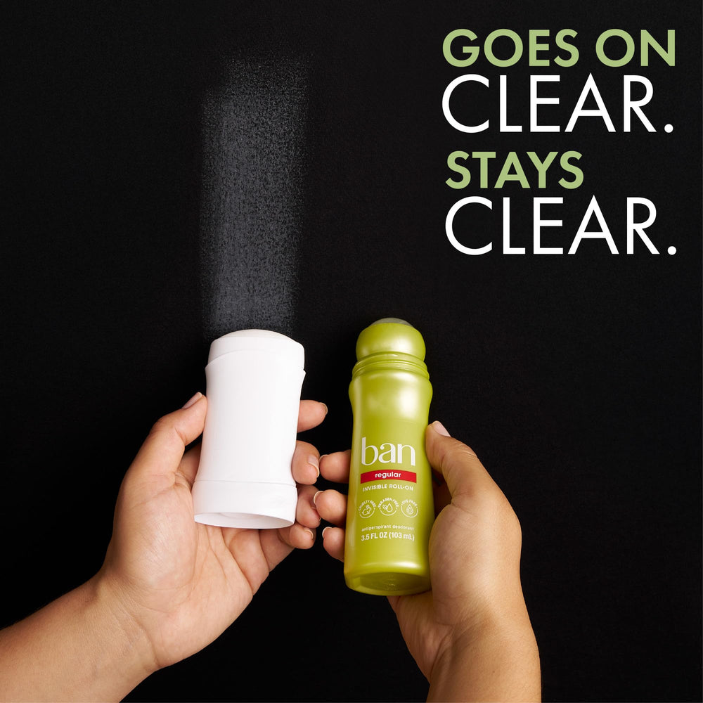 Ban roll-on next to ruler to illustrate compact 3.5 oz travel size
