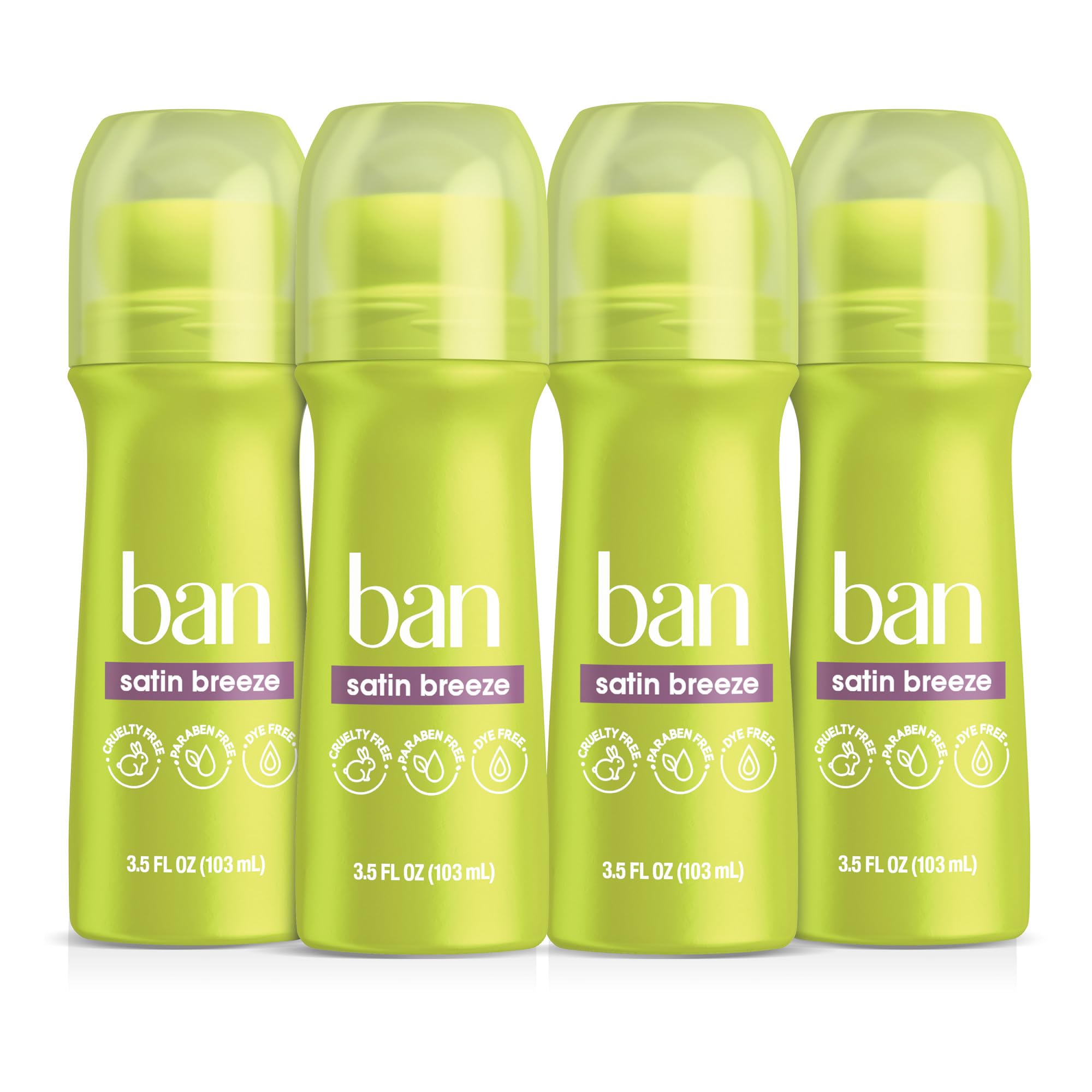 Ban front packaging showing clear roll-on and Satin Breeze scent for reliable protection