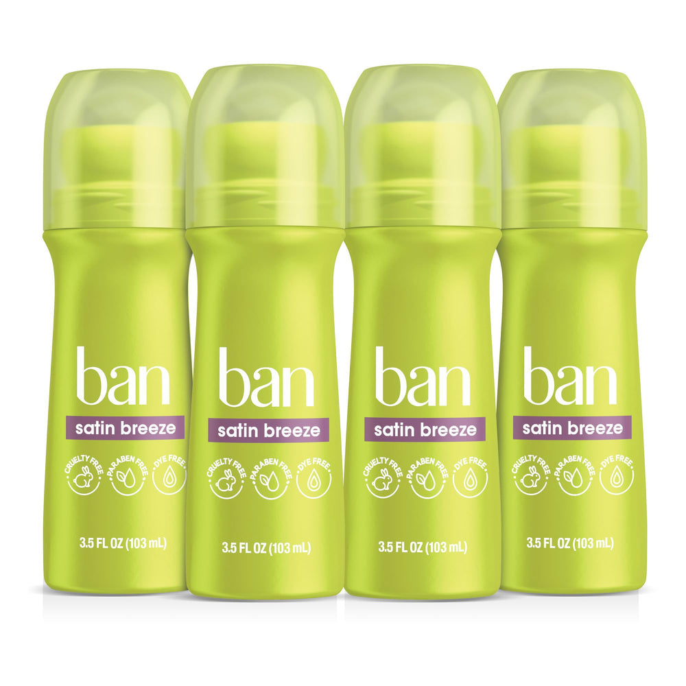 Ban front packaging showing clear roll-on and Satin Breeze scent for reliable protection