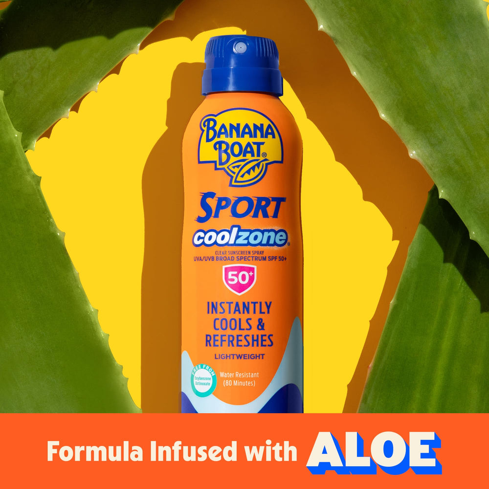 Banana Boat clear mist close-up demonstrating quick, non-greasy application