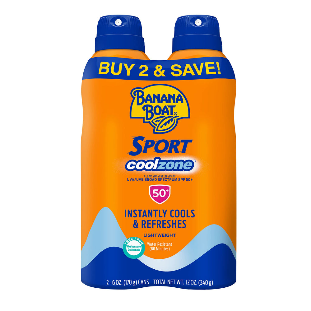 Banana Boat front packaging showing twin cans and SPF 50 protection benefit