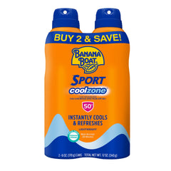 Banana Boat front packaging showing twin cans and SPF 50 protection benefit