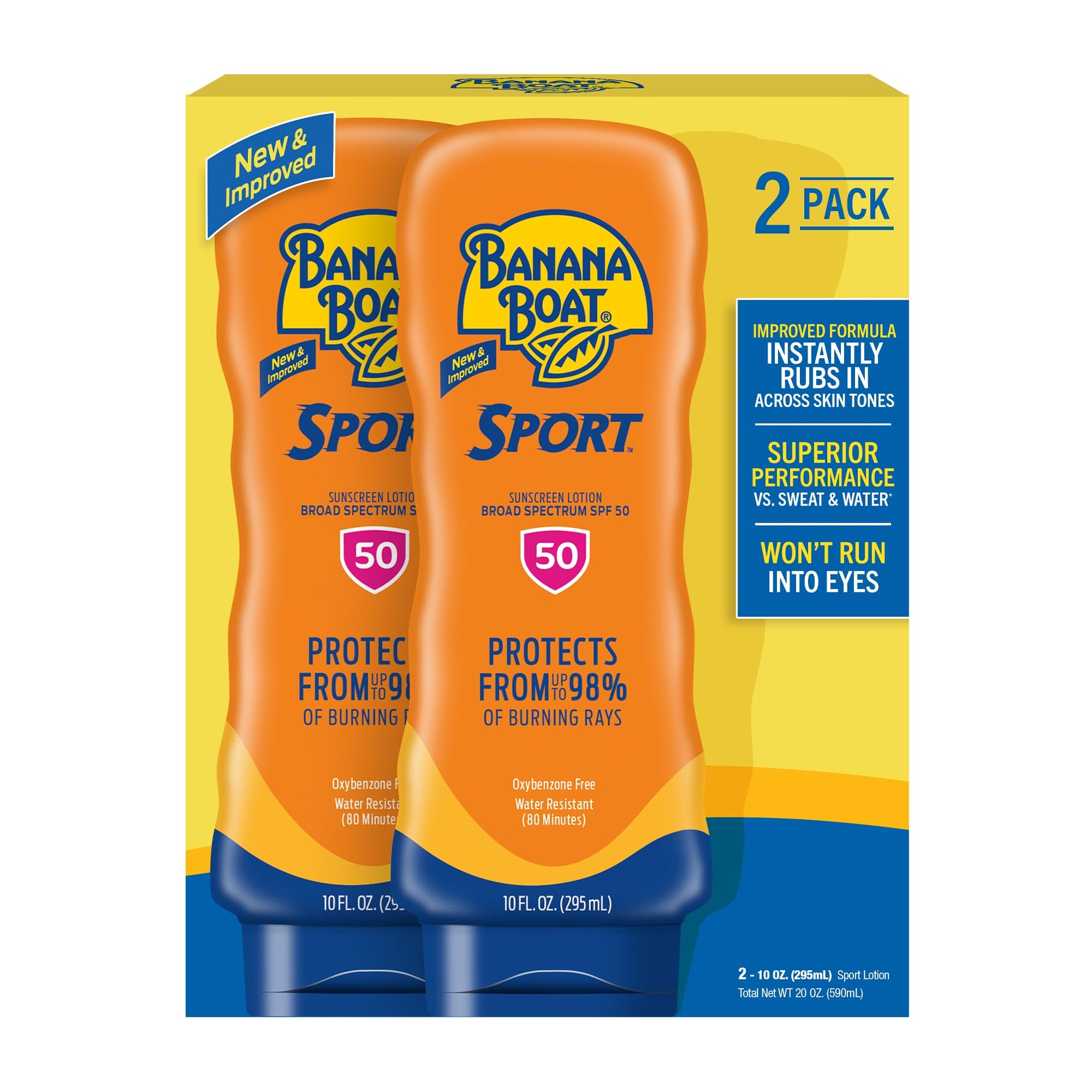 Banana Boat front packaging showing twin SPF 50 bottles and clear sport protection