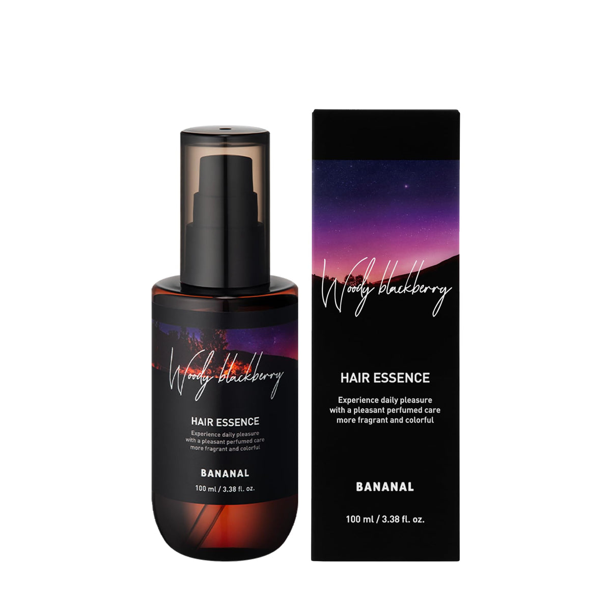 BANANAL bottle front view showing woody blackberry scent and elegant packaging for styling