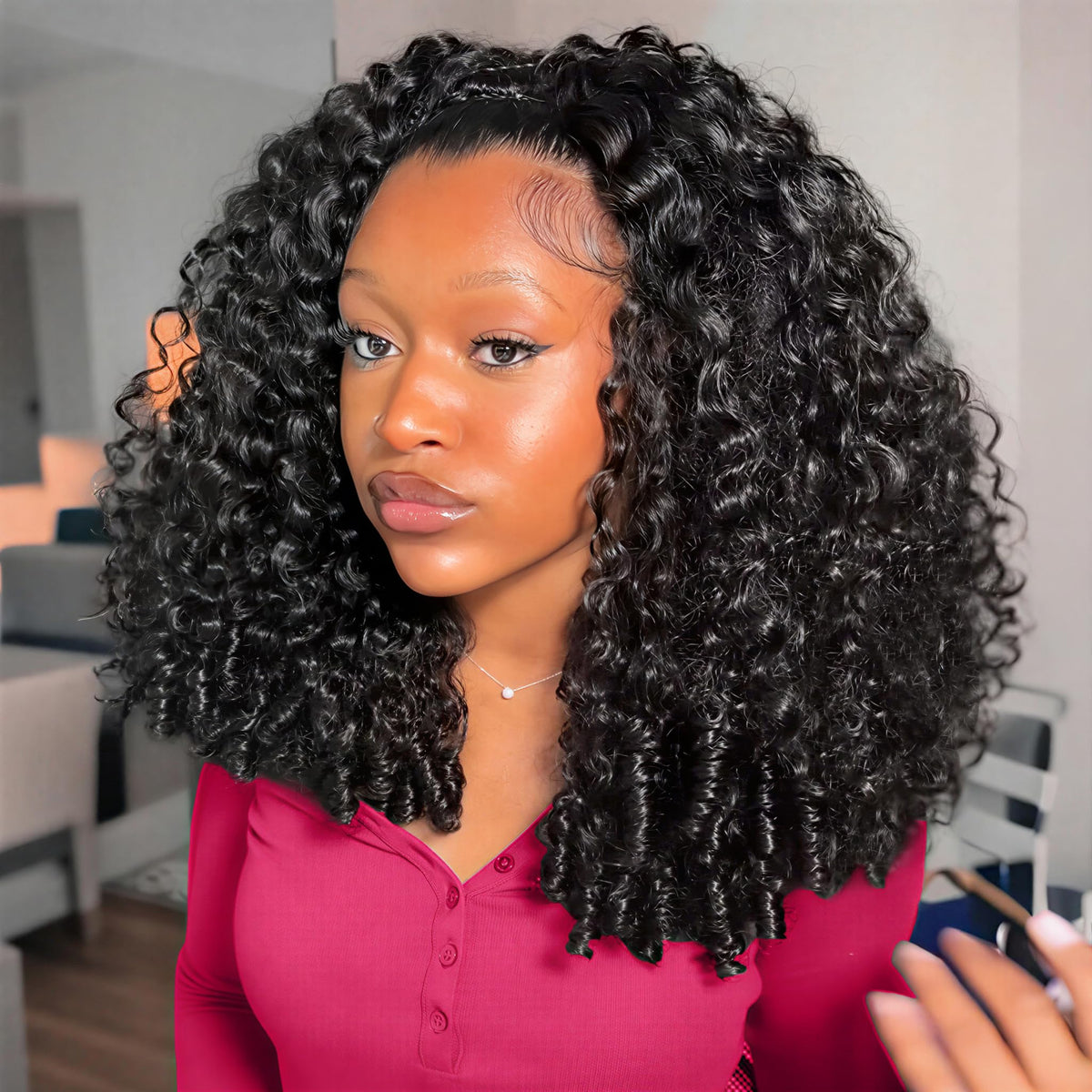 bangjazz front view showing curly half wig and instant volume benefit