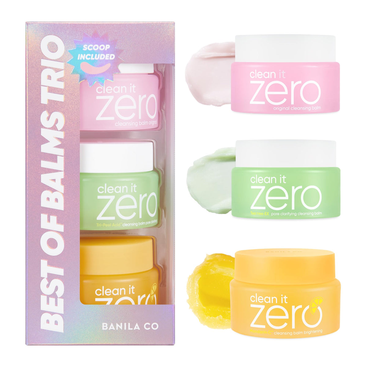 BANILA CO trio front packaging showing three balm jars, great for travel