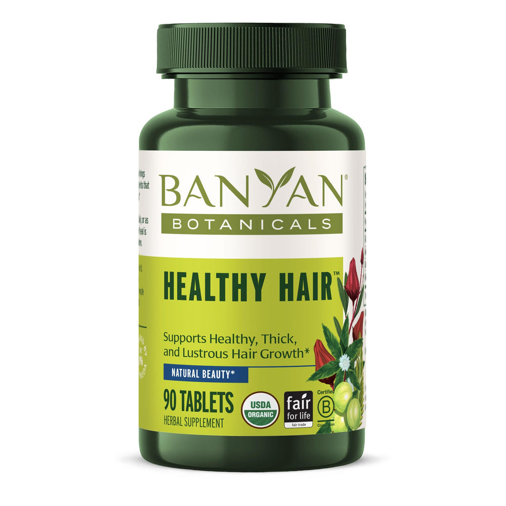 Banyan Botanicals front packaging showing organic hair supplement benefits