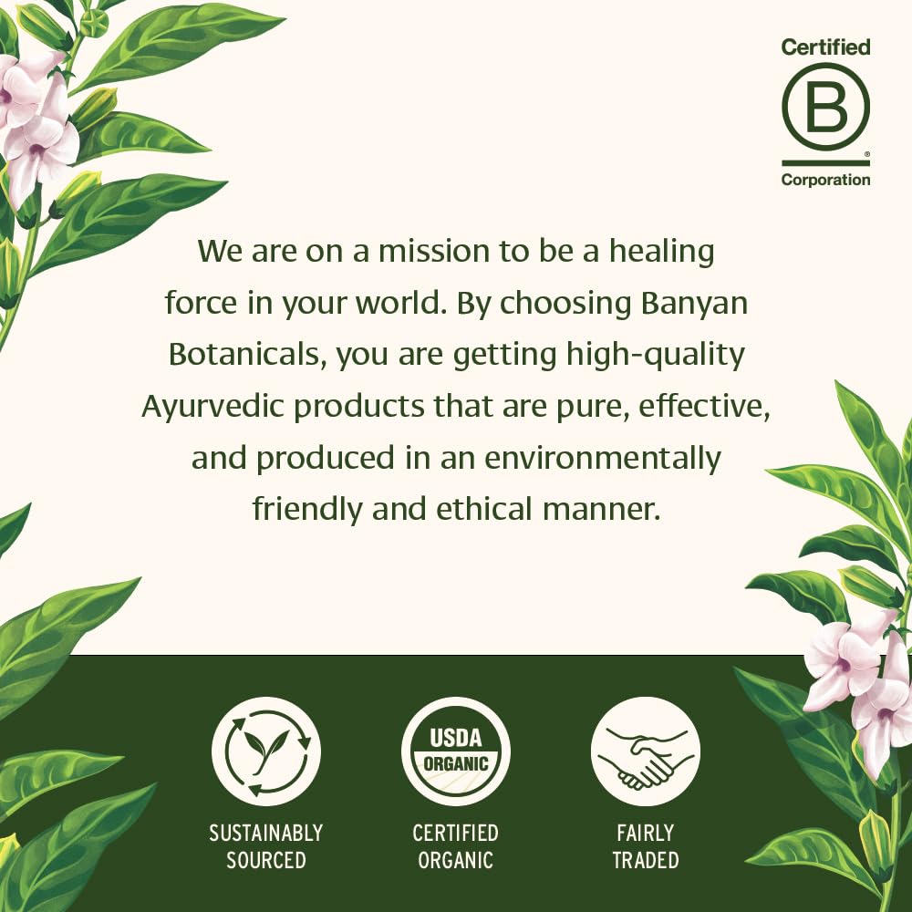 Banyan Botanicals supplement pictured in morning routine beside tea cup
