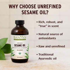 Banyan Botanicals sesame oil being poured, showing smooth warm texture and control