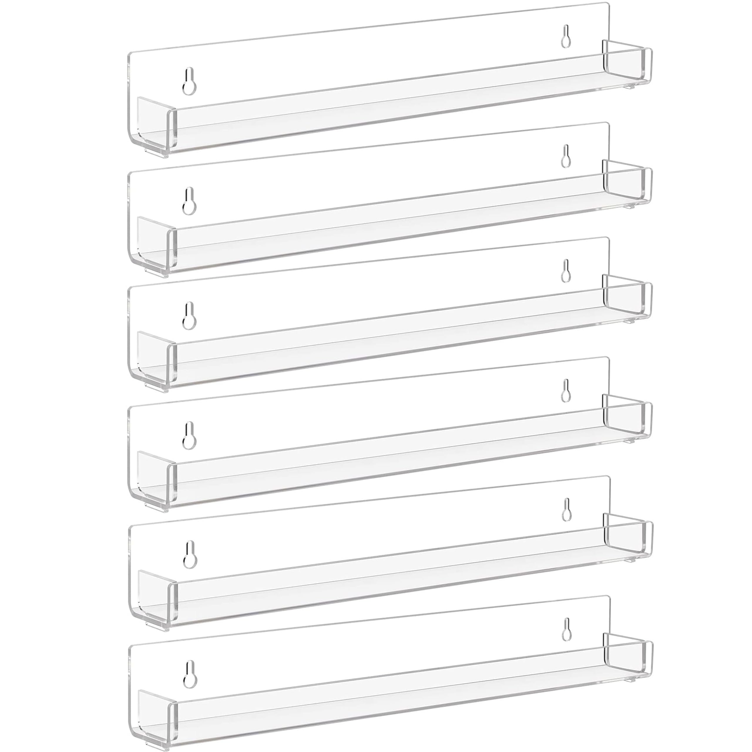Baosia front view of six clear floating shelves showing tidy display and space saving