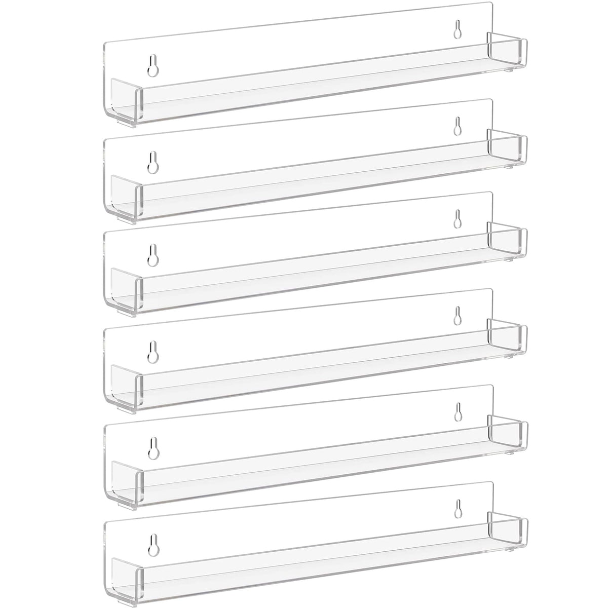 Baosia front view of six clear floating shelves showing tidy display and space saving