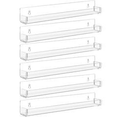 Baosia front view of six clear floating shelves showing tidy display and space saving