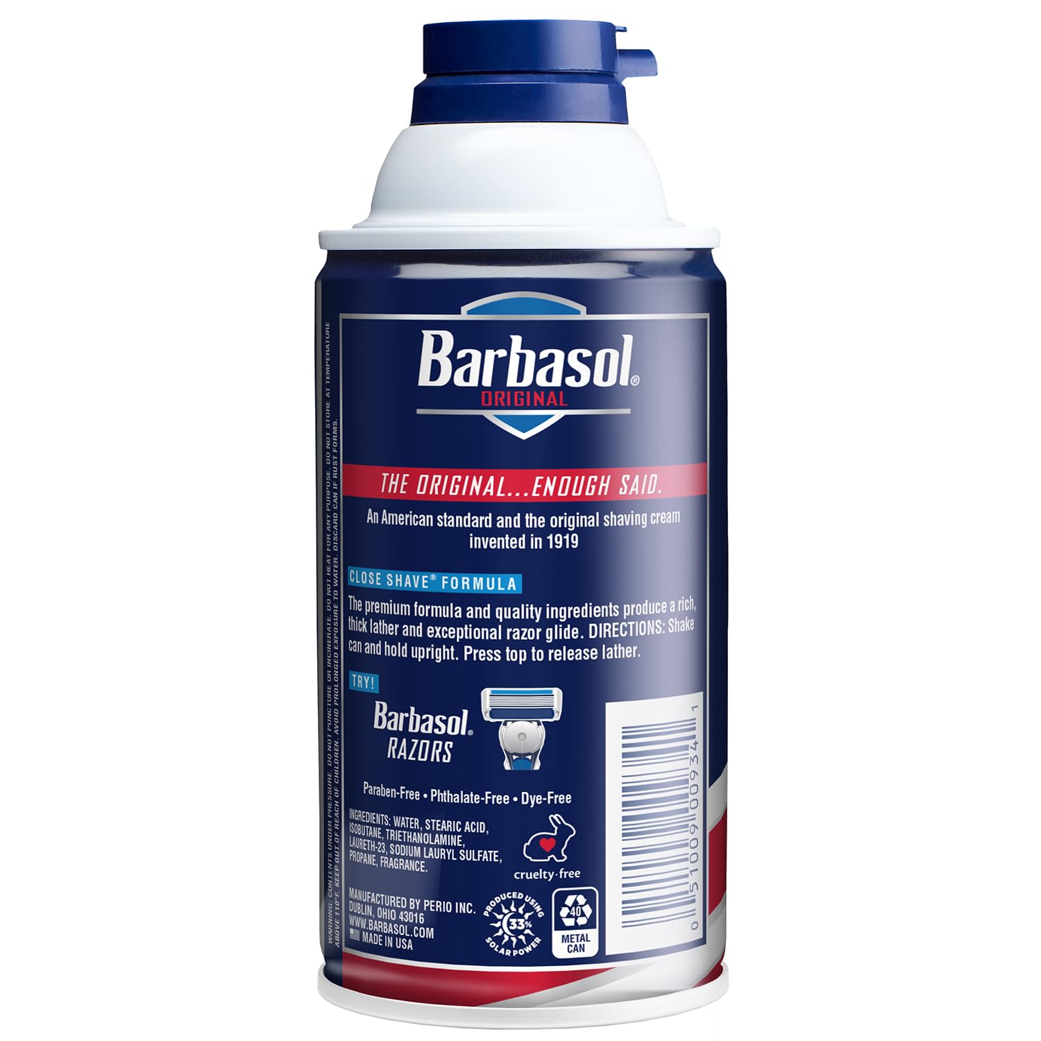 Barbasol can label detail highlighting ingredients and easy-to-read directions