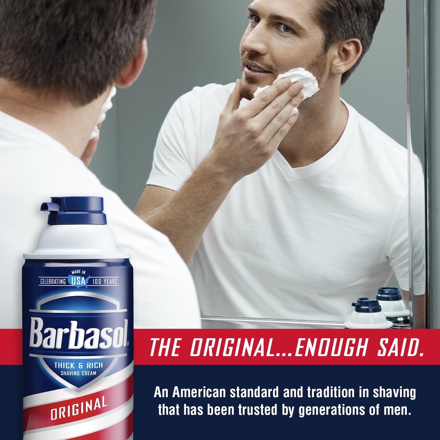 Barbasol can on bathroom counter conveying everyday grooming convenience