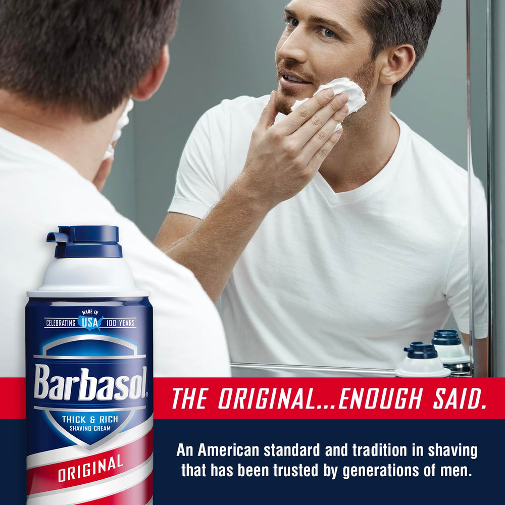 Barbasol can on bathroom counter conveying everyday grooming convenience