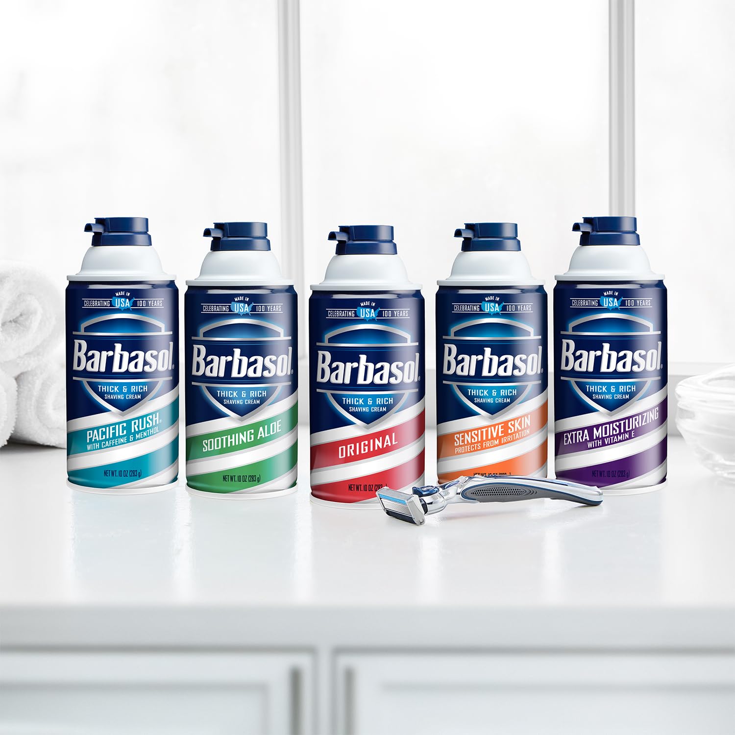 Barbasol twelve cans boxed showing bulk supply and cost-saving benefit