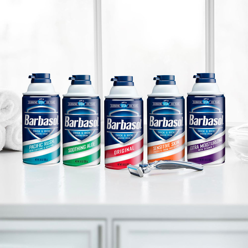 Barbasol twelve cans boxed showing bulk supply and cost-saving benefit