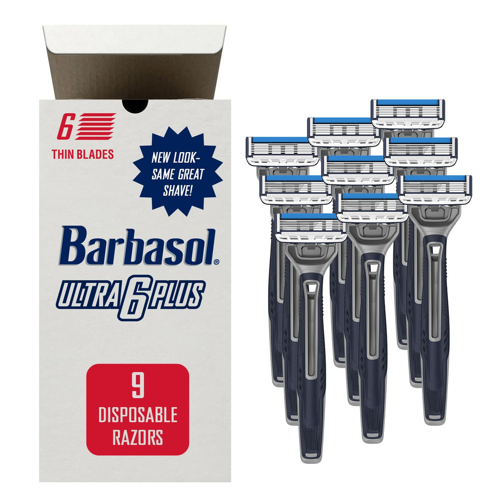 Barbasol Ultra 6 Plus front view showing razor and packaging for clear value