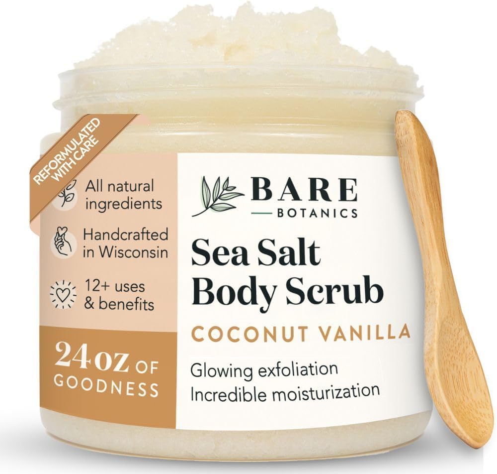 Bare Botanics front jar view showing coconut vanilla scent and benefits