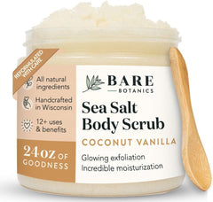 Bare Botanics front jar view showing coconut vanilla scent and benefits