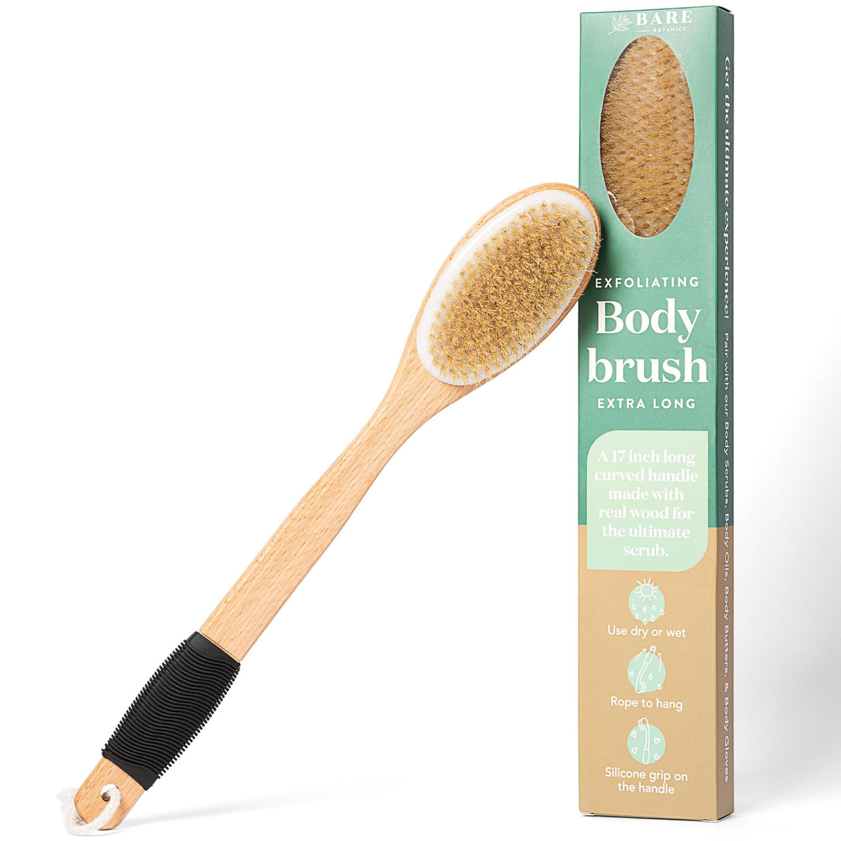 Bare Botanics front view of 17-inch back scrubber showing full brush benefit