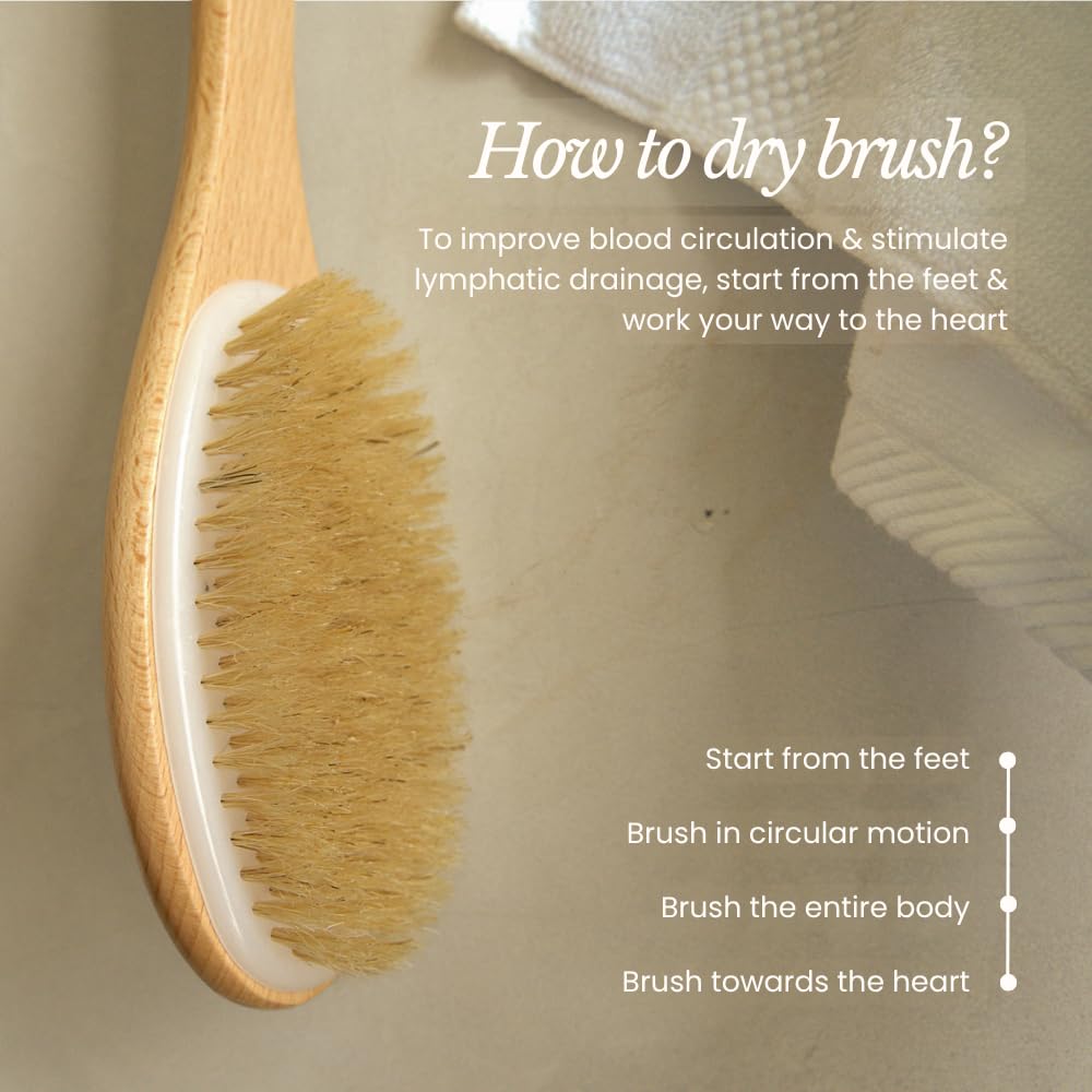 Bare Botanics brush beside hand showing 17-inch length for easy reach