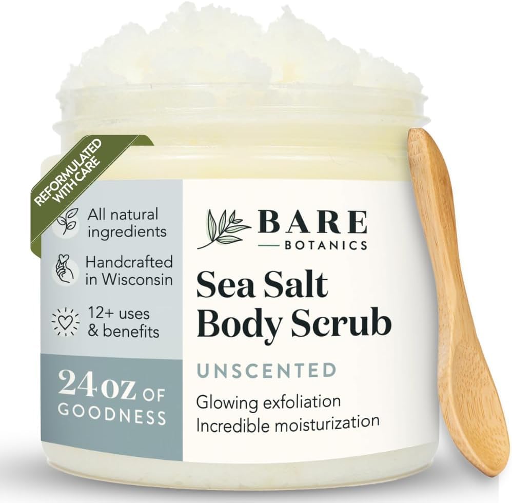 Bare Botanics front jar view showing unscented scrub and clean label benefits