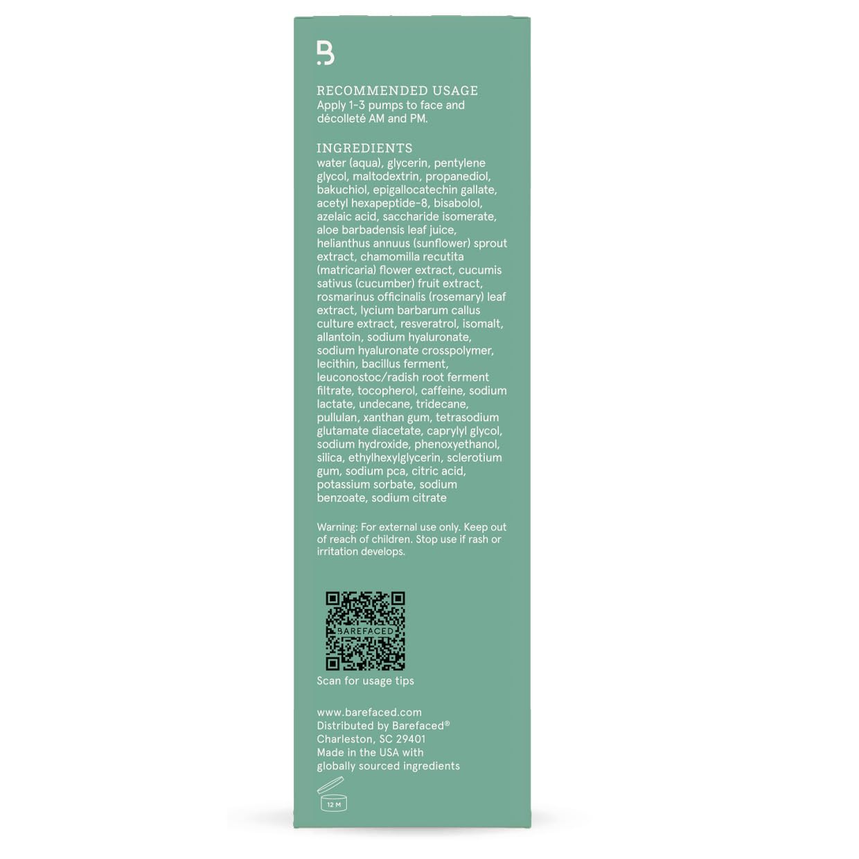 Barefaced label closeup emphasizing ingredient list and usage instructions